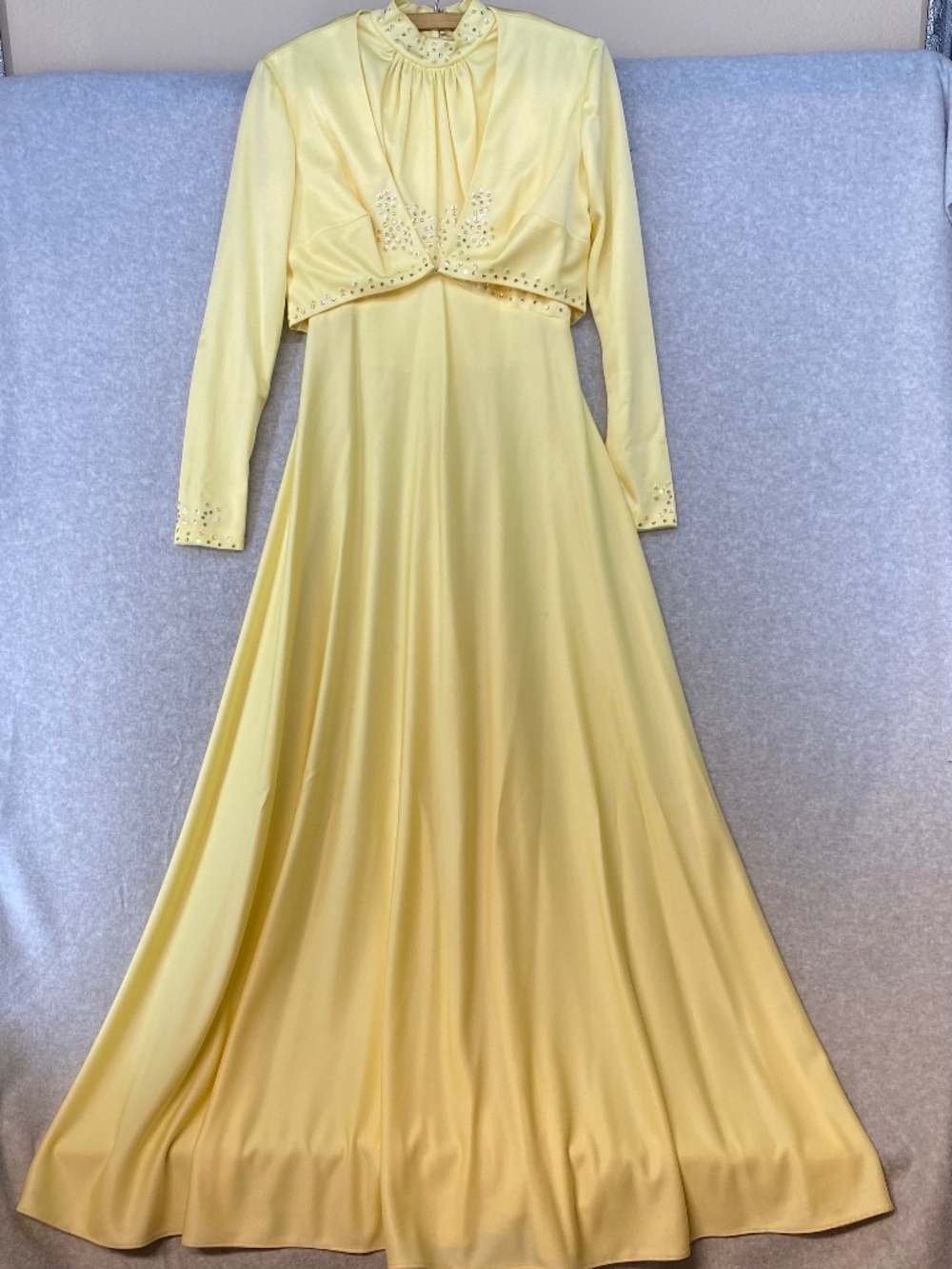 Vintage 70s Maxi Dress 31" Bust Yellow Matching Set Halter • Rhinestone Accent
